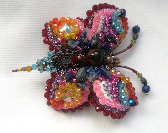 Butterfly brooch, handmade, unique jewelry, embroidered butterfly, insect brooch, pink  butterfly with lazurite