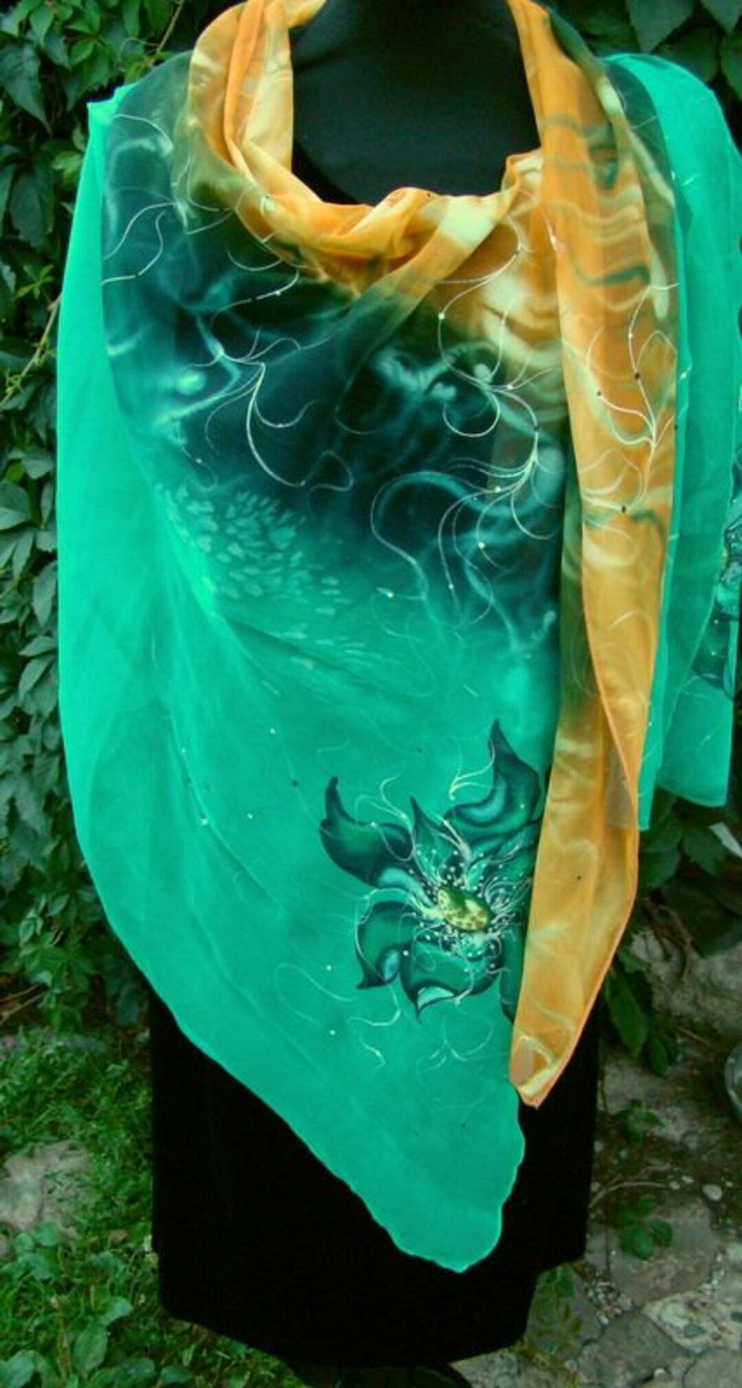 Scarf.natural Silk Scarf Floral, Emerald-orange a Hand Painted Scarf ...