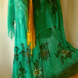Dress.Boho.Natural silk dress - handmade artwork, silk painting, emerald green floral dress, green flowers