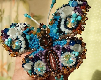 Butterfly brooch, handmade, unique jewelry, embroidered butterfly, insect brooch, blue  butterfly,rhodochrozitis,turquoise,agate.