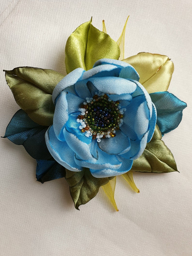 lemon yellow color satin flower brooch Handmade Yellow golden embroidered flower blue Flower brooch red Choose your color Flower pin