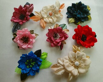Flower brooch. Clip @pin. Handmade grey, dark pink,pink, red,milkwhite,blue color satin flower brooch. Choose your color.