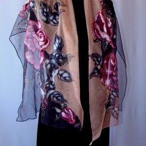 Scarf.Natural silk scarf - floral, black-peach,a hand- painted scarf., pink roses