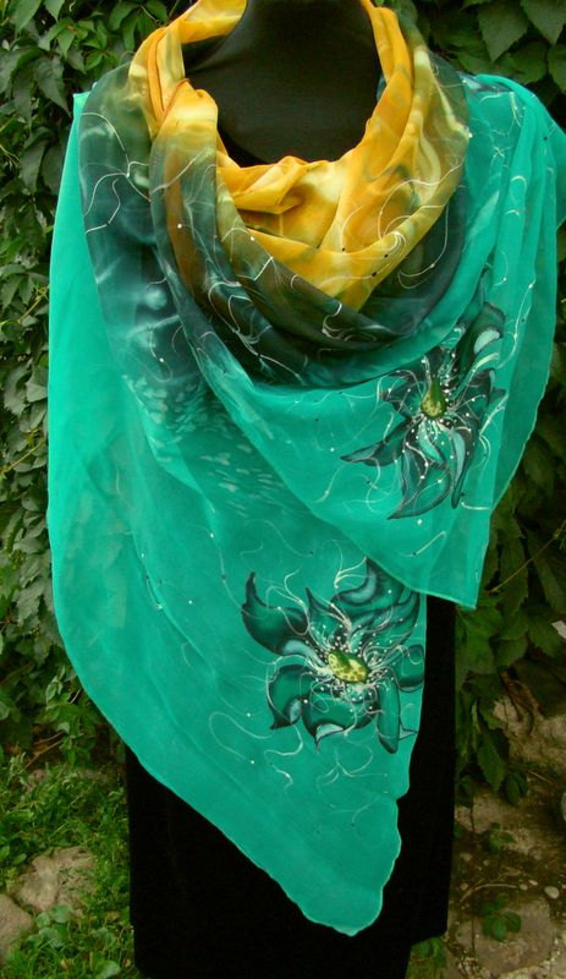 Scarf.natural Silk Scarf Floral, Emerald-orange a Hand Painted Scarf ...
