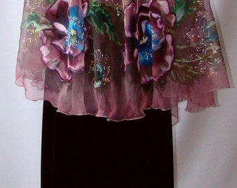 Poncho.Natural silk poncho - wrap, purple poppies, pink - gray,a hand- painted wrap