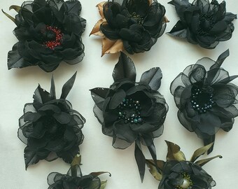 Flower brooch. Handmade  black color chiffon flower brooch. Choose your design. Flower clip and pin, embroidered flower