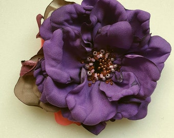 Handmade  satin flower brooch.Peony. Rose.Blue,purple,violet,pink,red,grey  color flower. Choose your color.