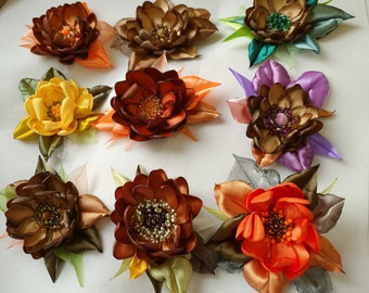 Flower brooch. Handmade yellow, copper,orange, golden, burgundy color satin flower brooch. Choose your color. Flower pin, embroidered flower