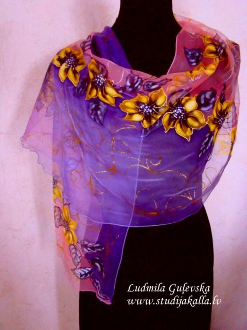 Natural silk shawl floral violet pink clematis hand Etsy