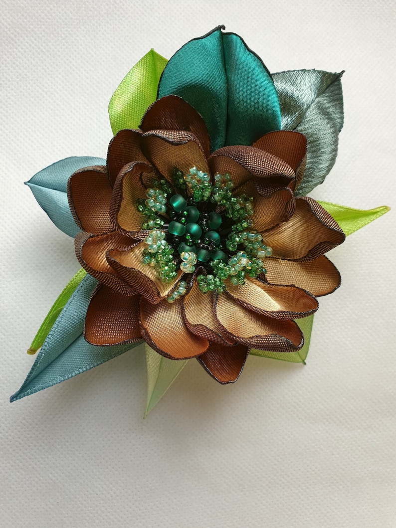 lemon yellow color satin flower brooch Handmade Yellow golden embroidered flower blue Flower brooch red Choose your color Flower pin