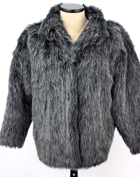 Vintage 1990s Gallery Faux-Fur Coat Grey Black Sal