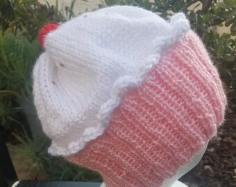 Hand knit cupcake beanie hat strawberry cake with whipped cream - Made to order.