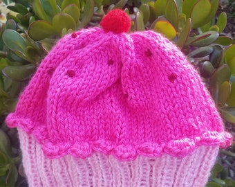 Hand knit cupcake beanie hat, pure pink, strawberry cake with hot pink frosting - Made to order.