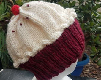 Hand knit cupcake beanie hat Red Velvet Cake - made to order