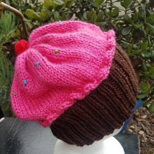 Hand knit cupcake beanie hat, chocolate cake with hot pink frosting and rainbow sprinkles - Made to order.