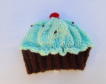 Hand knit cupcake beanie hat Mint Chocolate Chip - Made to order.