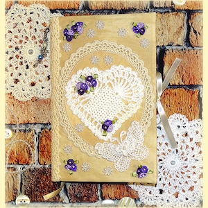 Junk Journal | Handmade | Memory Keepsake | Hand Crochet Heart and Lace Tea Stained Fabric Cover Journal Book