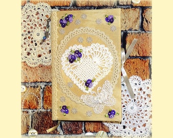 Junk Journal | Handmade | Memory Keepsake | Hand Crochet Heart and Lace Tea Stained Fabric Cover Journal Book