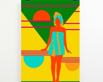 Retro art print, wall art hanging contemporary modern pop art, home decor gift, digital download bold bright colorful painting, portrait art