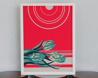 Arte di pittura digitale con tulipano rosso, stampa di tulipani, pittura contemporanea, stampa floreale colorata, arte murale botanica, arredamento estivo per la casa