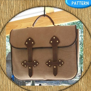 May include: A tan leather retro briefcase with a handle and two decorative straps with gold-colored rivets. The text "The Leather Pattern Store" and "Retro Briefcase" are at the top. A blue oval says "PDF Pattern".