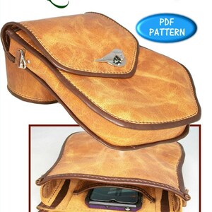 May include: A tan leather Jessamine shoulder bag with a flap closure and a silver-colored clasp. The bag has a brown trim and a textured appearance. The text "The Leather Pattern Store" and "Jessamine Shoulder Bag" are visible. A phone is inside the bag.