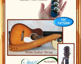 Puede incluir: Patrones de cuero para un bolsillo para púas de guitarra, una correa de guitarra ancha y un adaptador de correa acústica. La imagen muestra una correa de guitarra de cuero marrón, un bolsillo para púas de guitarra de cuero azul y un adaptador de correa acústica de cuero marrón. El texto de la imagen dice "The Leather Pattern Store Perfect Pairings Guitar Pick Pocket Wide Guitar Strap + BONUS! Acoustic Strap Adapter 2021 PDF PATTERN".