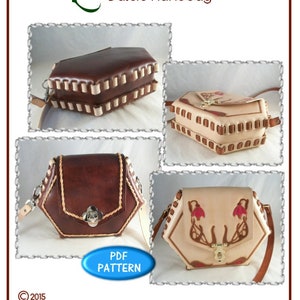 May include: Image features four leather handbags in different styles. The bags are brown and tan, with decorative stitching and unique closures. The text "The Leather Pattern Store" and "Dulcie Handbag" are displayed at the top, with a "PDF PATTERN" button.