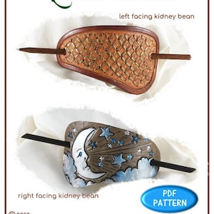 May include: Two leather stick barrettes, one with a geometric pattern and the other with a moon and stars design. The text "the Leather Pattern Store" and "Stick Barrettes - Dare to be Different" is at the top of the image. The text "left facing kidney bean" is above the geometric barrette and the text "right facing kidney bean" is below the moon and stars barrette. The text "PDF PATTERN" is in a blue circle at the bottom of the image.