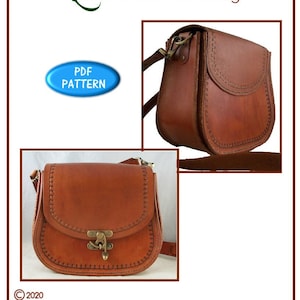 May include: A brown leather handbag with a flap closure and a decorative stitching detail. The bag has a shoulder strap and a metal clasp. The text "the Leather Pattern Store Innovation Handbag" is visible at the top of the image. The text "PDF PATTERN" is visible in a blue circle.