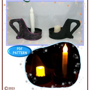 May include: The Leather Pattern Store image features two LED chambersticks, one purple and one black, each holding a white candle. The image also shows a close-up of the LED candles lit. The text "PDF PATTERN" is visible. The copyright year is 2023.