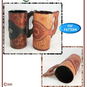 May include: Leather pattern for a large mug with a wood grain design. The pattern includes a handle and a band around the mug. The pattern is available as a PDF download. The Big Mug. The Leather Pattern Store.