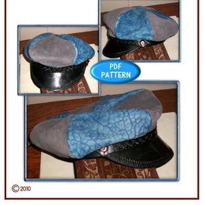 May include: A mushroom cap pattern from The Leather Pattern Store. The cap features a blue and gray top with a black brim. The image includes the text "Mushroom Cap" and "PDF Pattern".