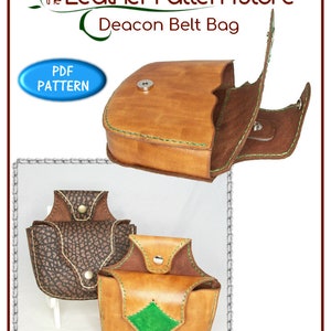 Könnte beinhalten: Ein PDF-Muster für eine braune Leder-Deacon-Gürteltasche. Die Tasche hat ein grünes Futter und eine Klappe mit einem Druckknopfverschluss. Das Muster steht zum Download bereit.
