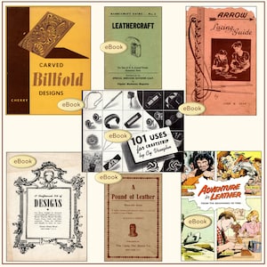 May include: A collage of vintage book covers featuring leathercraft projects. The covers are in various colors, including red, green, yellow, and brown. The titles include "Carved Billfold Designs", "Leathercraft", "Arrow Lacing Guide", "101 Uses for Craftstrip", "A Pound of Leather", and "Adventure in Leather".