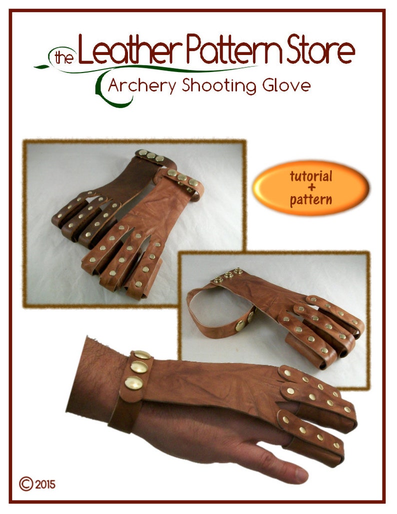 May include: A brown leather archery shooting glove with brass rivets. The glove has a wrist strap and finger protection. The image includes the text "the Leather Pattern Store" and "Archery Shooting Glove".