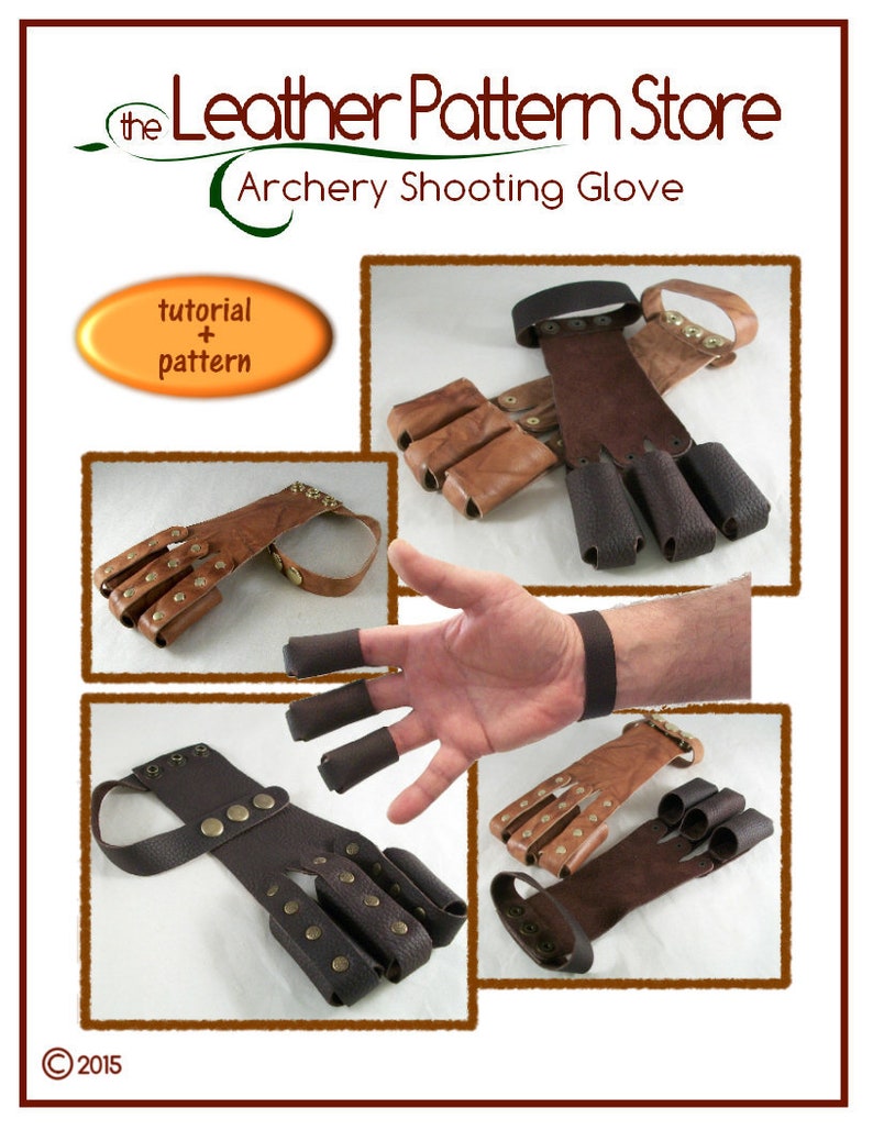 May include: A leather archery shooting glove with a tutorial and pattern. The glove is brown and has a wrist strap. The glove has finger protection and is decorated with brass rivets.