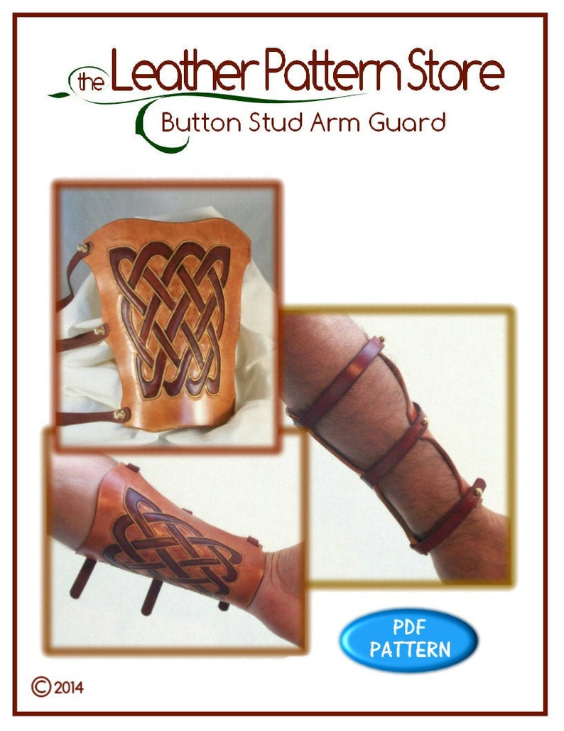 May include: Leather pattern for a button stud arm guard. The pattern features a Celtic knot design and is available as a PDF download. The image shows the finished product on a model's arm.