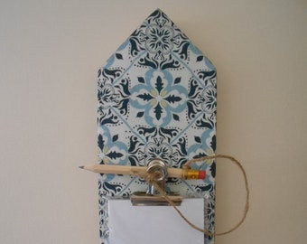 Decoupaged Wooden Notepad Holder with Pencil - Blue Geometric Design