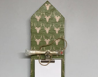 Decoupaged Wooden Notepad Holder with Pencil - Stags Head Design