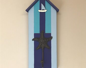 Cast Iron Hook with Beach Hut Theme in Blue Colours