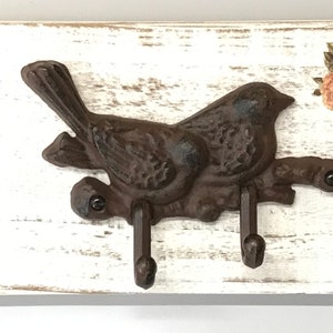 Cast Iron Bird Hook Rack on Distressed Wooden Board image 3