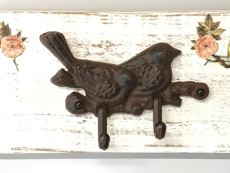 Cast Iron Bird Hook Rack on Distressed Wooden Board image 3