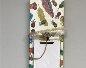 Feather Design Decoupaged Wooden Notepad Holder with Pencil