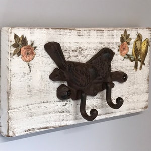 Cast Iron Bird Hook Rack on Distressed Wooden Board image 2