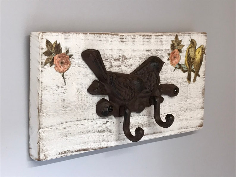 Cast Iron Bird Hook Rack on Distressed Wooden Board image 2