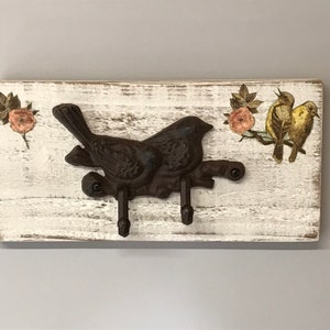 Cast Iron Bird Hook Rack on Distressed Wooden Board image 1