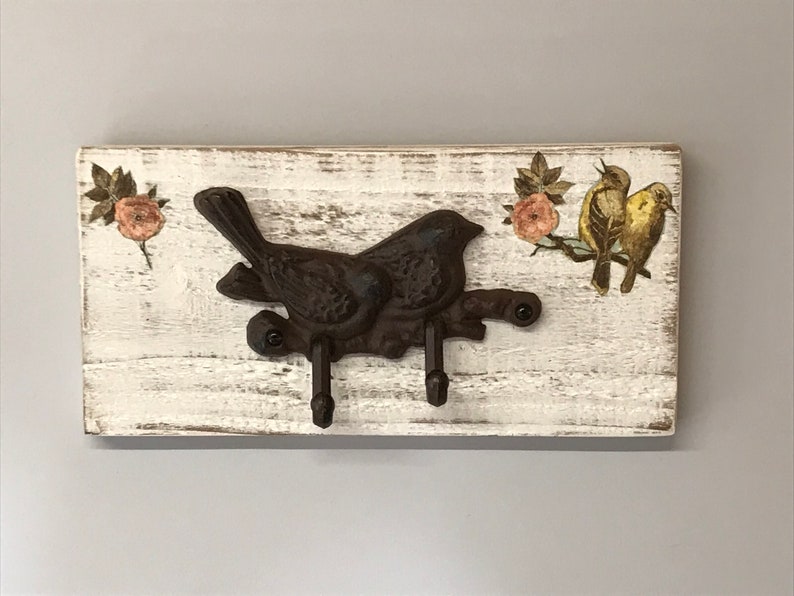 Cast Iron Bird Hook Rack on Distressed Wooden Board image 1