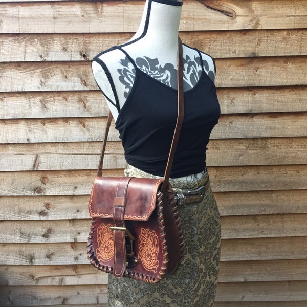 Vintage Brown Leather Tooled Handbag
