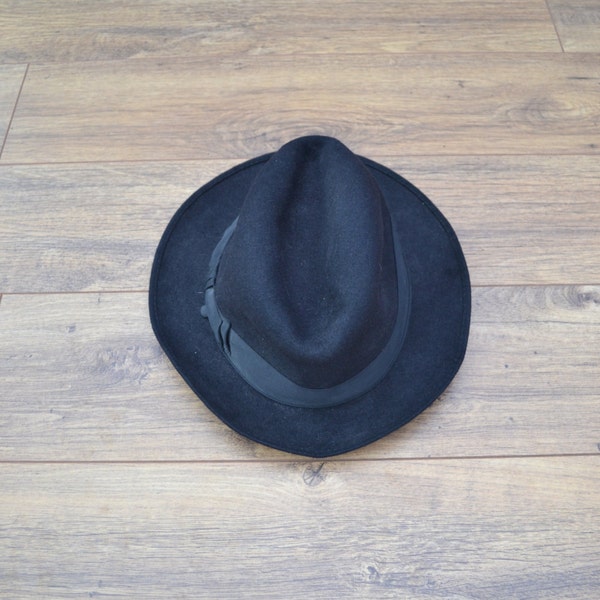 REAL FUR FELT Vintage Black Wide Brimmed Fedora Western